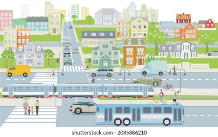 Road traffic with pedestrians and cars on city streets