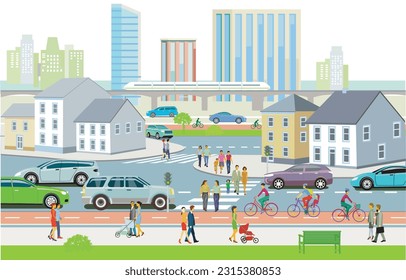 Road traffic with pedestrians, cyclists and road traffic, , illustration