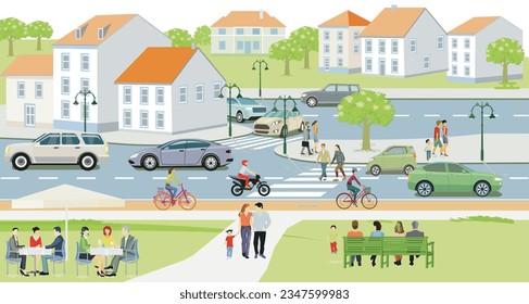 Straßenverkehr mit Fußgängern, Radfahrern und Straßenverkehr, Illustration