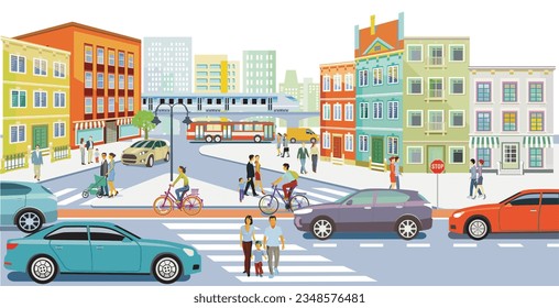 Straßenverkehr mit Fußgängern, Radfahrern und Straßenverkehr, Illustration