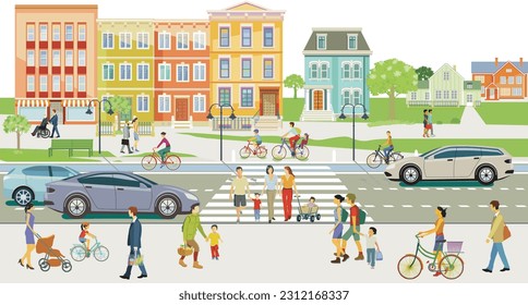 Road traffic with pedestrians, cyclists and road traffic, Lines bus, and public transport, illustration