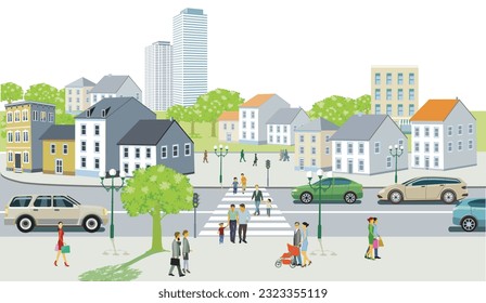 Road traffic with pedestrians  and road traffic, , illustration