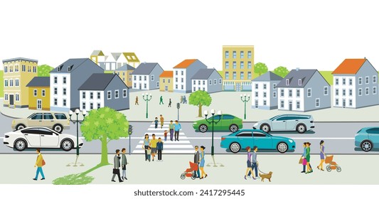 Road traffic with pedestrians, illustration
