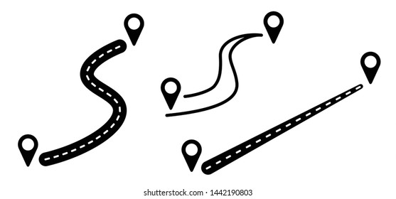The road traffic from point A to point B location map Track, trace Pin. Tracking track route gps navigation. Flat vector sign for business, holliday, vacation, travel work, or home route. We've moved.
