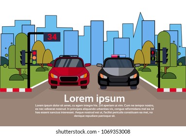 Road Traffic With Police Vehicle And Car On Street Over City Buildings Background