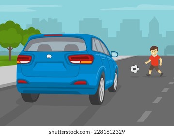 Road or traffic safety. Boy running onto city road after a ball. Kid playing football on road. Back view of suv about to hit the child. Flat vector illustration template.