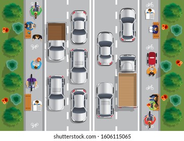 Road traffic and a sidewalk. View from above. Vector illustration.