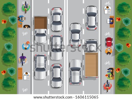 Road traffic and a sidewalk. View from above. Vector illustration.