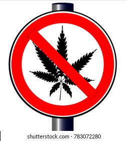 A road traffic sign declaring ' weed' ban isolated on white.