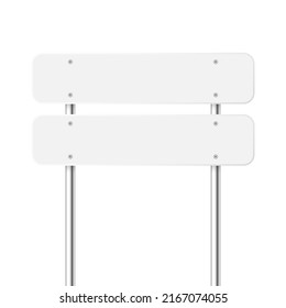 Road, traffic sign. Highway signboard on a chrome metal pole. Blank white board with place for text. Directional signage and wayfinder. Information sign mockup. Vector illustration.