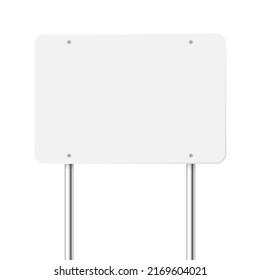 Road, traffic sign. Highway signboard on a chrome metal pole. Blank white board with place for text. Directional signage and wayfinder. Information sign mockup. Vector illustration.