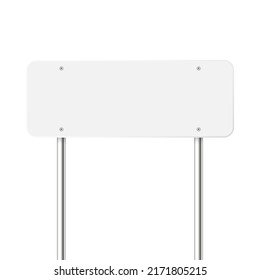 Road, traffic sign. Highway signboard on a chrome metal pole. Blank white board with place for text. Directional signage and wayfinder. Information sign mockup. Vector illustration.