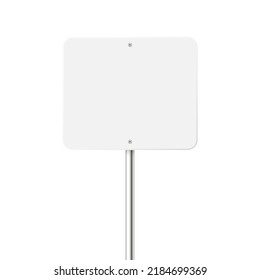 Road, traffic sign. Highway signboard on a chrome metal pole. Blank white board with place for text. Directional signage and wayfinder. Information sign mockup. Vector illustration.