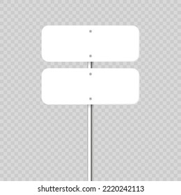 Road, traffic sign. Highway signboard on a chrome metal pole. Blank white board with place for text. Directional signage and wayfinder. Information sign mockup. Vector illustration.