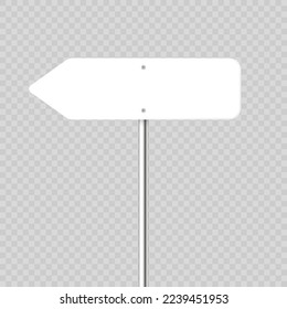 Road, traffic sign. Highway signboard on a chrome metal pole. Blank white board with place for text. Directional signage and wayfinder. Information sign mockup. Vector illustration.