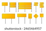 Road Traffic Sign Mockup Vector Illustration. Blank Board, Information, Direction. Realistic Blank Signboards on Roads. Yellow Blank Boards and Traffic Road Signs. Vector.
