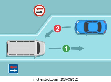 Road or traffic sign rules. Priority over oncoming vehicles and give way to oncoming vehicle. Blue sedan car is waiting when white van goes first. Flat vector illustration template.