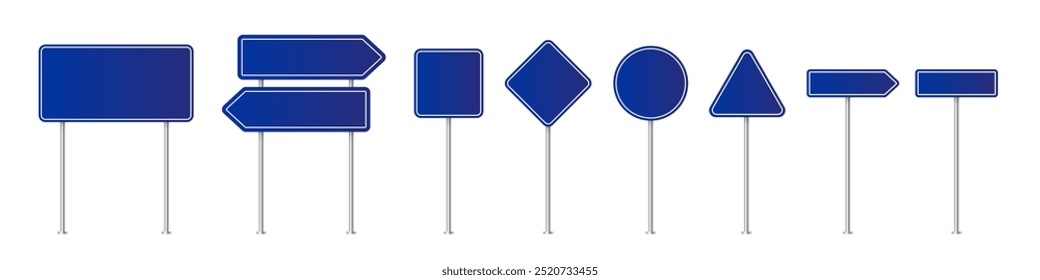 Road traffic signs of different shapes on metal poles vector illustration set. 3d realistic blue blank street signboards. Isolated empty roadside signposts to notice information, danger, guide.