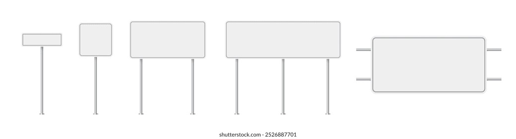 Road traffic signs of different shapes on metal poles vector illustration set. 3d realistic white blank street signboards. Isolated empty roadside signposts to notice information, danger, guide.