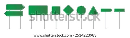 Road traffic signs of different shapes on metal poles vector illustration set. 3d realistic green blank street signboards. Isolated empty roadside signposts to notice information, danger, guide.