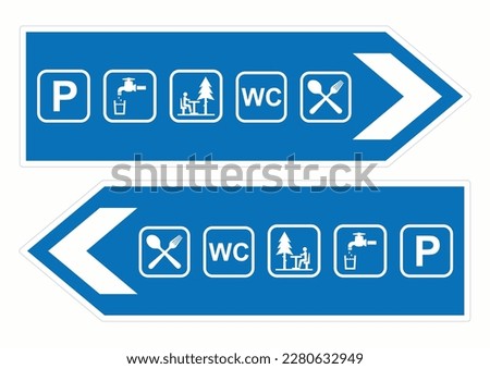 road, traffic signs, direction left, right, set icon, WC, rest area, drinking water, parking lot, restaurant, vector