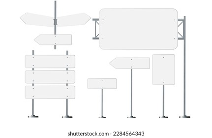 Carretera, señales de tráfico. Cartel de la autopista en el asta de metal. Cartel blanco en blanco en blanco con lugar para el texto. Señalización direccional y buscador de wayfinder. información firma el movimiento de vector.
