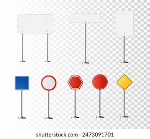 Road, traffic signs. Highway signboard on metal pole. Blank white board with place for text. Directional signage and way finder. information sign vector mockup.