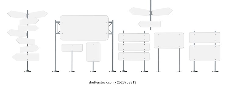 Road, traffic signs. Highway signboard on metal pole. Blank white board with place for text. Directional signage and way finder. information sign vector mockup.