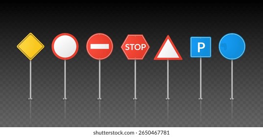 Road traffic signs including stop, warning, prohibition, parking and direction symbols on transparent background.