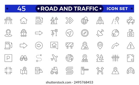 Straßen- und Verkehrsschilder Umrisssymbol. Kollektion der Warnung, obligatorisch, Verbot und Information Straßenverkehr, Verkehr, Kraftstoff, Fahrzeug, Ort, Auto Service Icons. Verkehrsschilder Kollektion.
