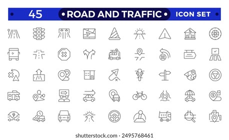 Straßen- und Verkehrsschilder Umrisssymbol. Kollektion der Warnung, obligatorisch, Verbot und Information Straßenverkehr, Verkehr, Kraftstoff, Fahrzeug, Ort, Auto Service Icons. Verkehrsschilder Kollektion.
