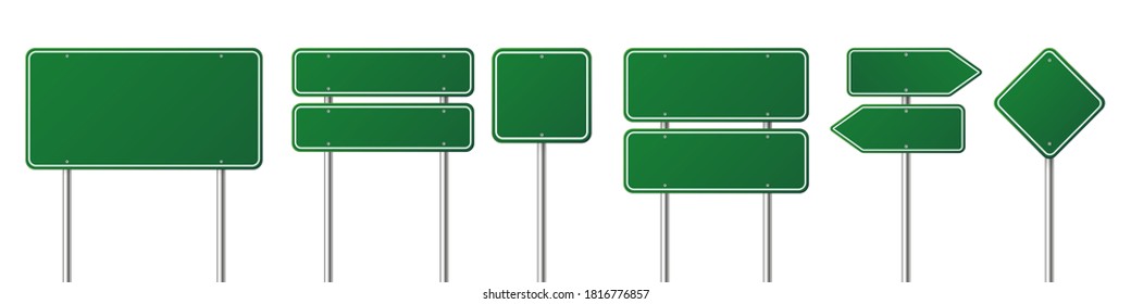 Road traffic signs set. Blank board with place for text. Mockup. Isolated green information sign. Direction. Vector illustration.