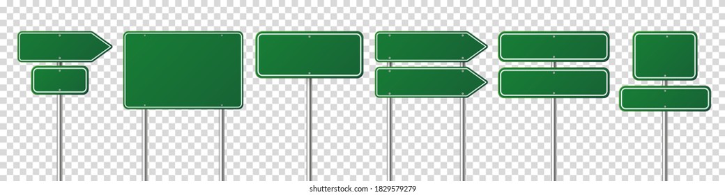 Road Traffic Signs Set. Blank Board With Place For Text. Mockup. Isolated Green Information Sign. Direction. Vector Illustration.