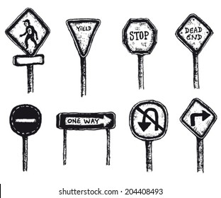 Road And Traffic Signs Set/ Illustration of a set of doodle hand drawn road and traffic signs elements, transportation symbols and icons