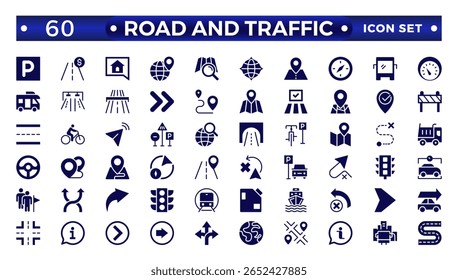 Road and traffic signs Solid icon. Collection of warning, mandatory, prohibition, and information traffic, Street, transport, fuel, vehicle, location, and car service icons. Traffic signs collection.
