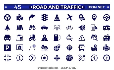 Road and traffic signs Solid icon. Collection of warning, mandatory, prohibition, and information traffic, Street, transport, fuel, vehicle, location, and car service icons. Traffic signs collection.

