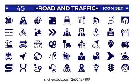 Road and traffic signs Solid icon. Collection of warning, mandatory, prohibition, and information traffic, Street, transport, fuel, vehicle, location, and car service icons. Traffic signs collection.
