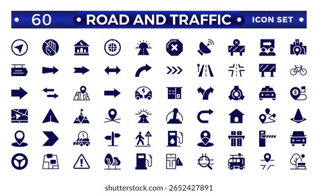 Road and traffic signs Solid icon. Collection of warning, mandatory, prohibition, and information traffic, Street, transport, fuel, vehicle, location, and car service icons. Traffic signs collection.
