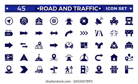 Road and traffic signs Solid icon. Collection of warning, mandatory, prohibition, and information traffic, Street, transport, fuel, vehicle, location, and car service icons. Traffic signs collection.

