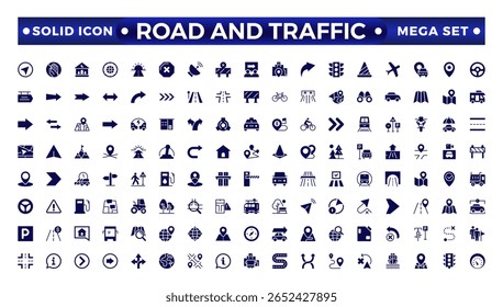 Road and traffic signs Solid icon. Collection of warning, mandatory, prohibition, and information traffic, Street, transport, fuel, vehicle, location, and car service icons. Traffic signs collection.
