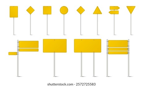 Road Traffic Signs Vector Illustration Set: Yellow Highway Signs on Steel Poles. Round, Rectangular, Triangle, Square, and Hexagon Panels for Information, Danger. City Traffic Direction and Alert.