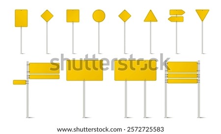 Road Traffic Signs Vector Illustration Set: Yellow Highway Signs on Steel Poles. Round, Rectangular, Triangle, Square, and Hexagon Panels for Information, Danger. City Traffic Direction and Alert.