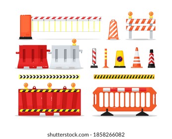 Road, traffic, street barrier or barricade item set. Warning detour, repair hurdle, parking zone, safety boundary, stripped cone and caution obstacle vector illustration isolated on white background