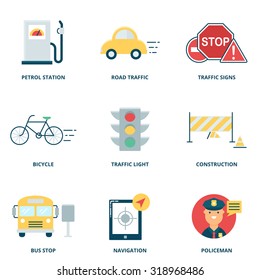 Road traffic vector icons set modern flat style