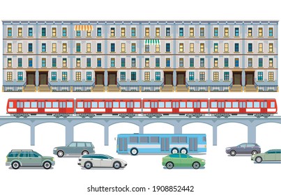 Transporte por carretera con un tren elevado y una ilustración del paisaje urbano