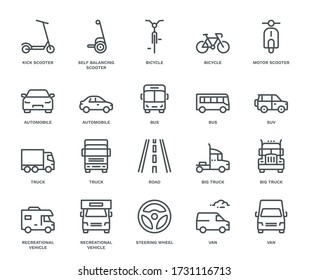 Iconos De Transporte Por Carretera, Vista Combinada.  Concepto de monolina
Los iconos fueron creados en una cuadrícula perfecta de 48x48 píxeles alineados, que proporciona un aspecto limpio y nítido. Peso ajustable del trazo. 
