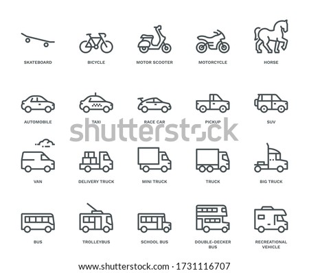 Road Transport Icons, Side View. Monoline concept
The icons were created on a 48x48 pixel aligned, perfect grid providing a clean and crisp appearance. Adjustable stroke weight. 