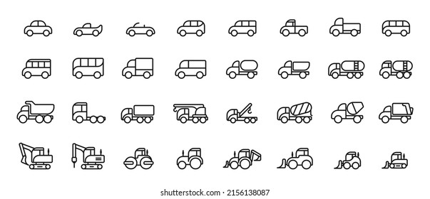 road transport line icon set. automobile and heavy construction machinery. isolated vector images