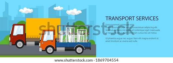 Road transport and
logistics, small covered truck and cargo van with windows drive on
the road on the background of the city, transport services banner,
vector illustration