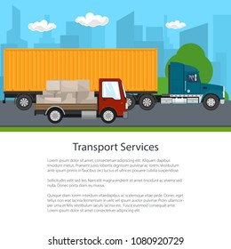 Road Transport and Logistics, Truck and Small Cargo Van with Boxes Drive on the Road on the Background of the City, Transport Services, Poster Flyer Brochure Design, Vector Illustration